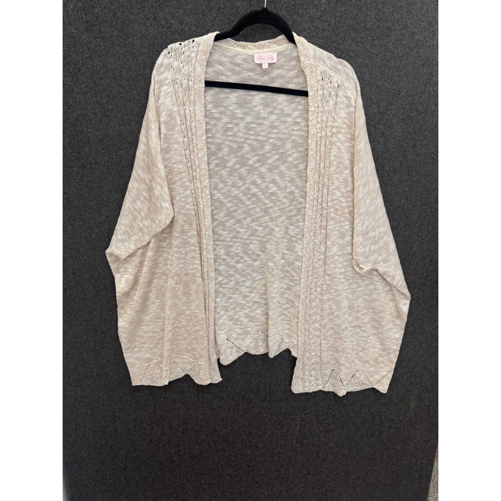 Large Cream Kimono Cardigan Scalloped Pointelle Knit Earthy Slouchy Boho Cottage